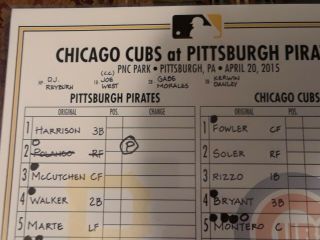 Pittsburgh Pirates 4 - 20 - 2015 Game Lineup Card Kris Bryant 2 - 3 - 4 Career RBIs 9