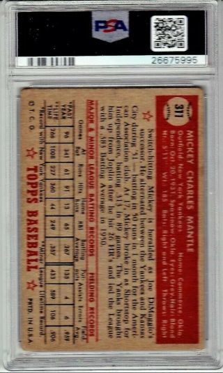 1952 Topps 311 Mickey Mantle Rookie CardPSA 2 Good.  Real Deal Not Reprint 2