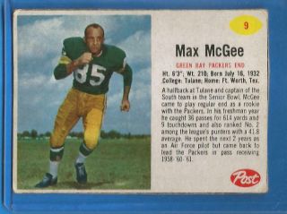 1962 Post Cereal Football Card 9 Max Mcgee (sp) - Green Bay Packers