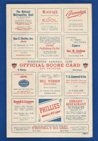 1944 Washington Senators Vs York Yankees Baseball Program Scorecard