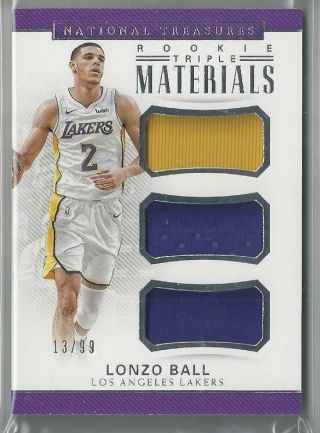 2017 - 18 National Treasures Rookie Materials Lonzo Ball Rc Triple Patch 13/99