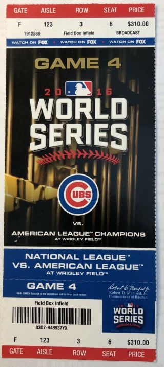 2016 World Series Game 4 Chicago Cubs Vs Indians Ticket - Wrigley Field Mlb