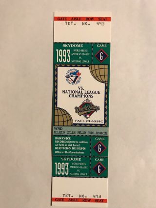 1993 World Series Game 6 Full Ticket Blue Jays Joe Carter 