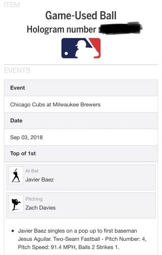 Javy Javier Baez Game Single 9/3/18 MLB Holo Auth Chicago Cubs 2