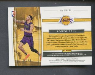 2018 - 19 Panini Opulence Precious Lonzo Ball Lakers Jersey AUTO 21/49 2