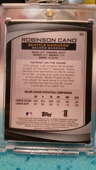 Robinson Cano 1/1 2016 Topps Gold Label Class 3 Seattle Mariners 2