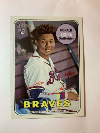 2018 Topps Heritage Ronald Acuna Real One Red Ink Rookie Rc Auto 14/69 Braves