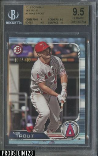 2019 Bowman Sky Blue 1 Mike Trout Angels /499 Bgs 9.  5 W/ 10