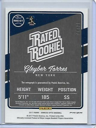 2019 Donruss Optic Gleyber Torres 2017 Rated Rookie auto blue prizm /99 2