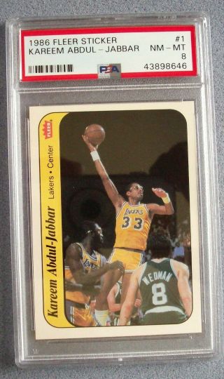 1986 - 87 Fleer Stickers 1 Kareem Abdul - Jabbar Lakers Psa 8 Nm - Mt