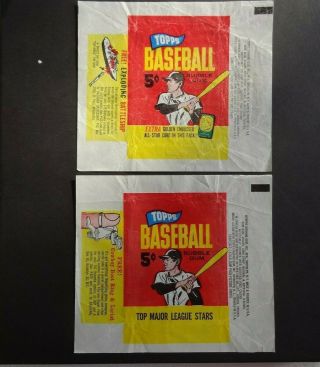 2 - 1965 Topps Baseball Wax Pack Wrappers 5 Cent,  Embossed & Cowboy Ring