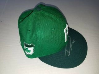Travis Swaggerty Pirates Game Issued Autograph St Patricks Day Mlb Hat