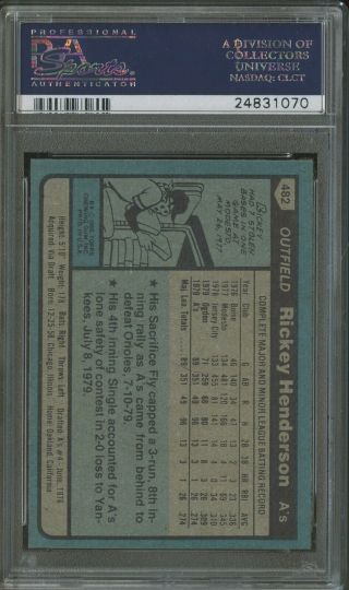 1980 Topps 482 Rickey Henderson A ' s RC Rookie HOF PSA 10 ABSOLUTELY FLAWLESS 2