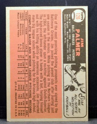 1966 Topps 126 JIM PALMER Baltimore Orioles Rookie RC EX 2