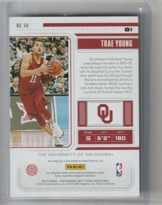 2018 Panini Contenders College Ticket Trae Young ROOKIE RC AUTO 56 Hawks 2