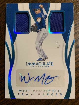 2019 Immaculate Whit Merrifield Team Hero’s Double Patch Auto 4/7 Ssp Royals