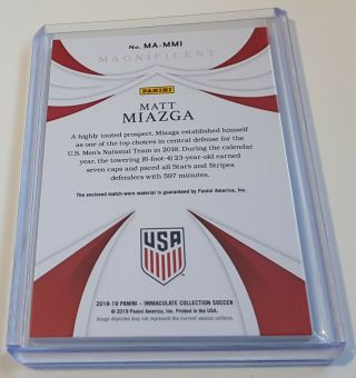 2018/19 Panini Immaculate Soccer - Magnificent Memorabilia Matt Miazga 42/99 USA 2