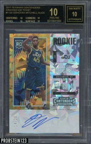 2017 - 18 Contenders Cracked Ice Rookie Ticket Donovan Mitchell Rc Auto /25 Bgs 10