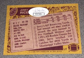 Jerry Rice Signed 1986 Topps Auto Football Reprint Rookie Card Autograph JSA 2