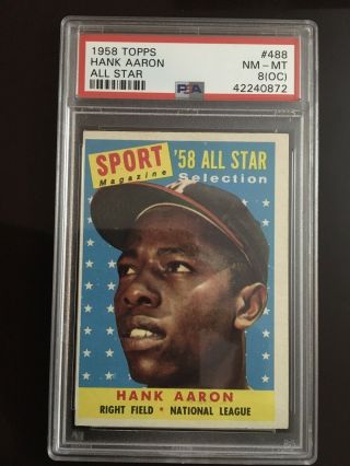1958 Topps Hank Aaron All Star 488 Psa 8 Oc Nm - Mt Freshly Graded High End