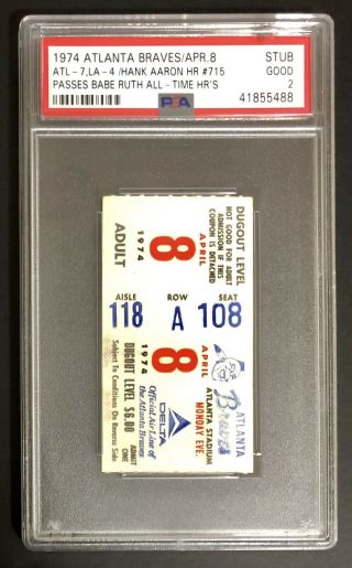 1974 Atlanta Braves Ticket Stub Hank Aaron Hr 715 Passes Babe Ruth Psa Authentic