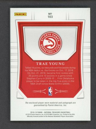 2018 - 19 National Treasures Trae Young Hawks RPA RC 4 - Color Patch AUTO 95/99 2