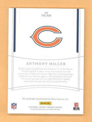 ANTHONY MILLER 2018 PANINI NATIONAL TREASURES AUTO AUTOGRAPH ON CARD D/25 BEARS 2