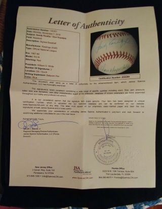 Sandy Koufax & Don Drysdale HOFers Autographed Rawlings Baseball JSA LOA S237 4