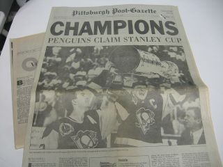 Penguins Claim Stanley Cup - Pittsburgh Post Gazette - May 27,  1991 - Very Good