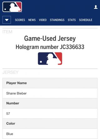 Shane Bieber Game Jersey,  Cleveland Indians,  Rookie Year,  MLB Auth 8