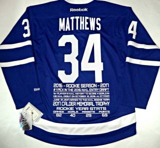 Auston Matthews 2016 - 2017 Rookie Year Stats/award Maple Leafs Reebok Nhl Jersey