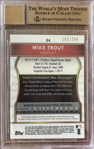 2011 TOPPS FINEST XFACTOR MIKE TROUT ROOKIE AUTO 162/299 BGS 9.  5/10 GEM 2