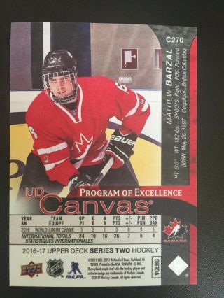 2016 - 17 Ud Series 2 Mtthew Barzal Program Of Excellence Rookie Canvas C270