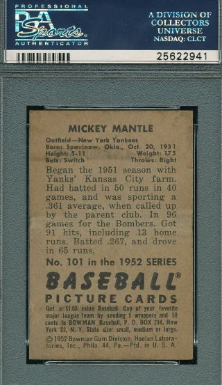 1952 Bowman 101 Mickey Mantle PSA 4 - centered,  focused and no print marks 2