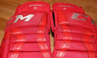 Luke Glendening Detroit Red Wings Game Worn Centennial Classic Gloves PhotoMatch 4
