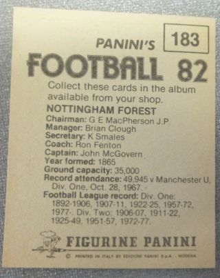 NOTTINGHAM FOREST PANINI ' S FOOTBALL 82 STICKER FIGURINE PANINI FOIL CREST 2
