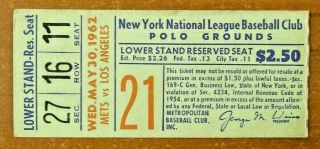 1962 First Year Ny Mets Vs Sandy Koufax Ticket Stub May 30 1962