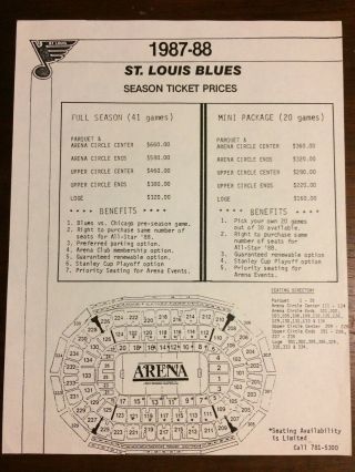 St.  Louis Blues Nhl 1987 - 88 87 - 88 Vtg Season Ticket Ad Flyer Arena Seating Chart