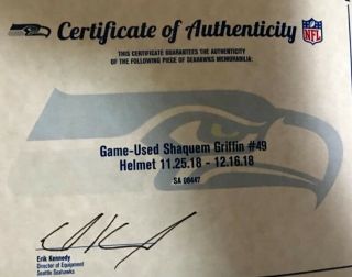 shaquem griffin Seahawks Game Worn Issued Helmet With 3
