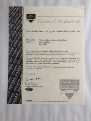Yankee Stadium Club Level Seat w/ Letter Of Authenticity 11