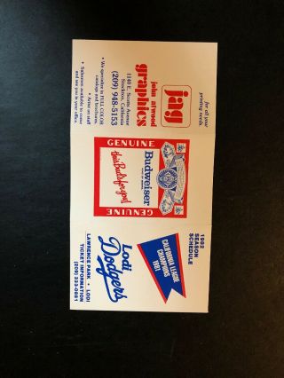 1982 Lodi Dodgers Minor League Baseball Pocket Schedule Card