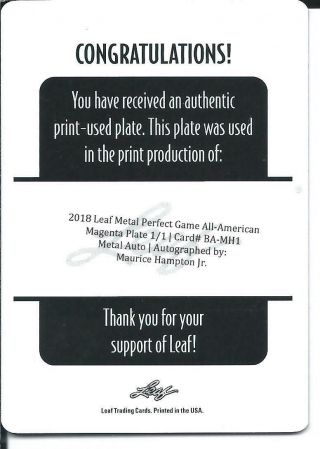 2018 Leaf Metal Perfect Game All American MAURICE HAMPTON JR Plate Autograph 1/1 2