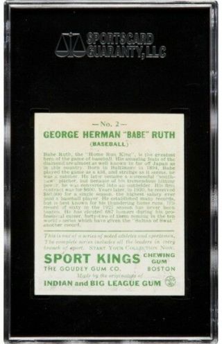 1933 Goudey Sport Kings 2 Babe Ruth (HOF) SGC 92 NM/MT,  8.  5,  POP 4,  1 Higher 2