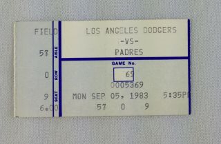 Mlb 1983 09/05 San Diego Padres At Los Angeles Dodgers Ticket Stub - Valenzuela