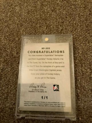 2010 - 11 In The Game Superlative NAMEPLATE Mike Green Capitals “E” 1 Of 1 NP - 202 2