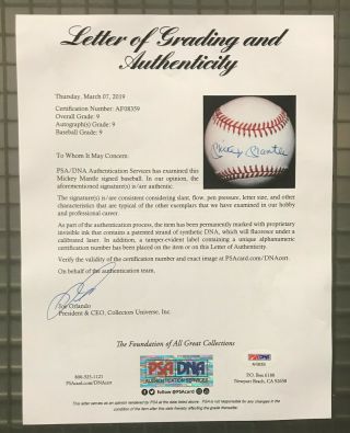 Mickey Mantle Single Signed Baseball Autographed AUTO PSA/DNA 9 AUTO LOA 3