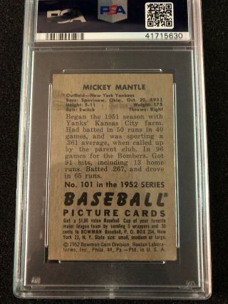 1952 Bowman Mickey Mantle 101 PSA 3 VG ICONIC CARD Looks Better 3