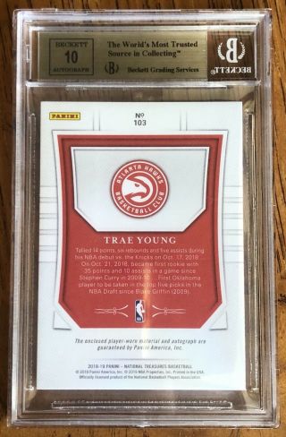 2018 - 19 National Treasures Trae Young Patch Auto ED 4/10 BGS 9.  5/10 GOLD RC RPA 2