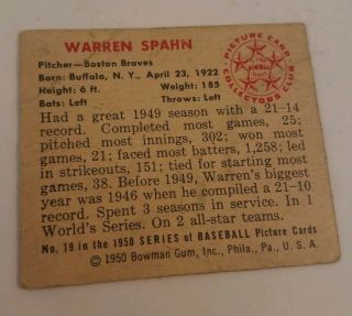 1950 Bowman 19 Warren Spahn Poor Boston Braves Creased 2