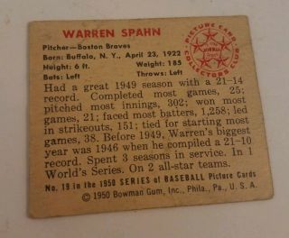 1950 Bowman 19 Warren Spahn Poor Boston Braves Creased 4